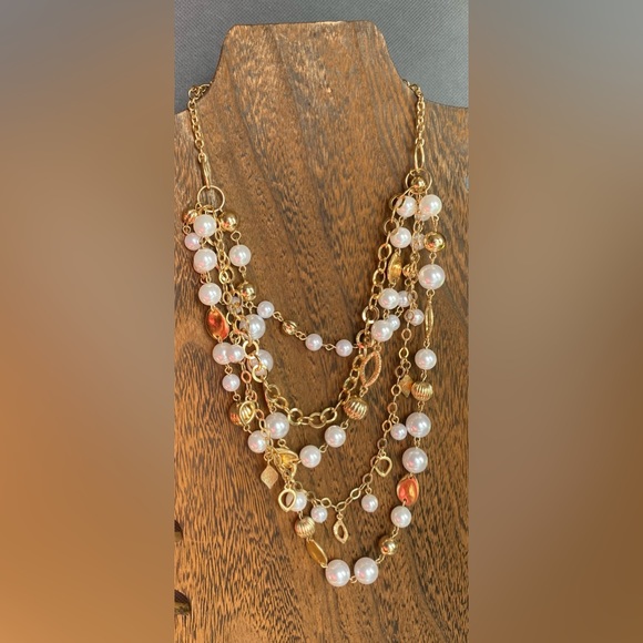 Gold color & faux pearl waterfall multi strand necklace 22” adjustable - Picture 4 of 4